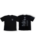Black t-shirt with white text on a white background