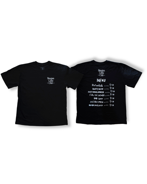 Black t-shirt with white text on a white background